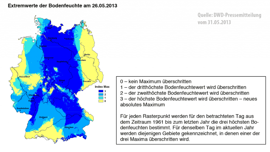 Die Abbildung zeigt die Bedingungen am Beispiel von Flächen mit Wintergetreide auf leichten Standorten. Während zu diesem Zeitpunkt in Deutschland im Mittel eine Bodenfeuchte von ca. 60 Prozent nutzbarer Feldkapazität besteht, sind es aktuell 95 Prozent. (Quelle: DWD)