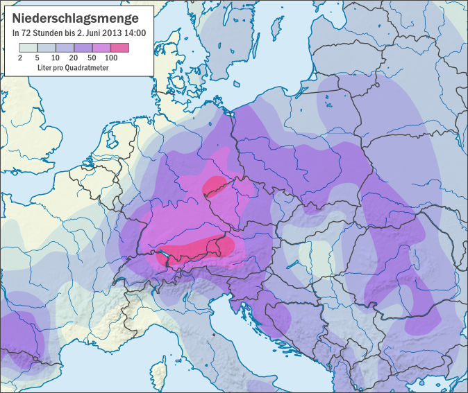 Karte der Niederschlagsmenge in 72 Stunden (Liter pro Quadratmeter) in Zentraleuropa bis 2. Juni 2013, Quelle: Wikipedia, Autor: Alexrk2 (This file is licensed under the Creative Commons Attribution-Share Alike 3.0 Unported license.)