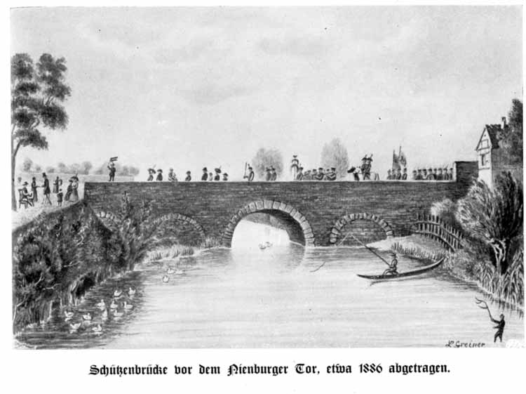 Zeichnung der  Schützenbrücke über den Umflutkanal vor dem Nienburger Tor um 1886 von L. Greiner aus "Bernburger Kalender" 1937 12. Jg. S. 9
