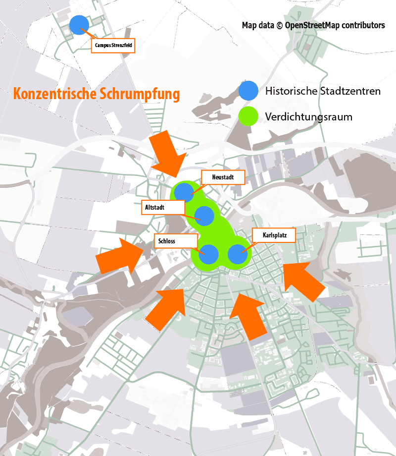 Bernburg ist schon aus seinem Entstehungsprozess heraus  multizentrisch angelegt. (Kartendaten: © OpenStreetMap-Mitwirkende)