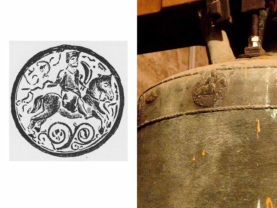 Gröna, jüngere Glocke. Plakette mit der Abbildung eines Reiters. Quelle: Schubart,Friedrich Wilfried (1896)„Die Glocken im Herzogtum Anhalt“ S. 268