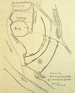 Burgward Grimschleben, Skizze des frühmittelalterlichen Burgwalls aus dem Jahr 1935 nach Walter Schmidt.