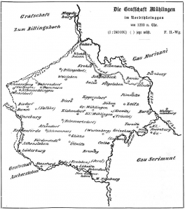 Umfang der Grafschaft Mühlingen nach Friedrich Heine. Geschichte der Grafschaft Mühlingen. Paul Schettlers Erben GmbH, Köthen 1900