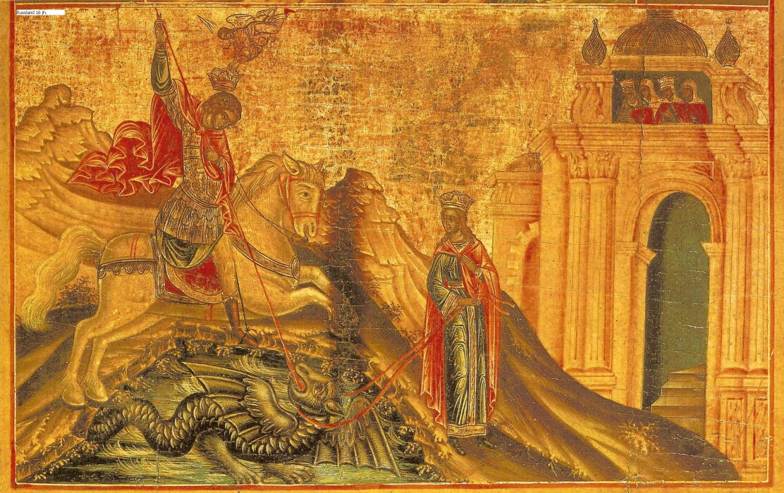 Ikone 18. Jh. St. Georg tötet den Drachen mit der Lanze, die heilige Martha bindet den Drachen. Quelle: Joachim Schäfer, Ökumenisches Heiligenlexikon
