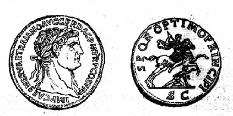 Siegesmedaille des Trajan (53-117) Bildquelle: Henry Cohen, Description historique des monnaies frappées sous l'Empire Romain, Tome II, Paris, 1882, S. 69.